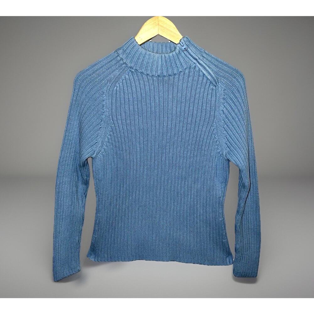 eanne Pierre Ribbed Mock Neck Zip Cotton Sweater Light Blue Sz L (S/M Fit) Wmn